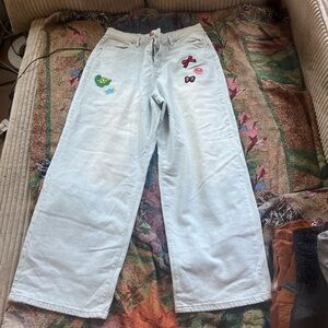 Embroidered Light Blue Wide-Leg Jeans